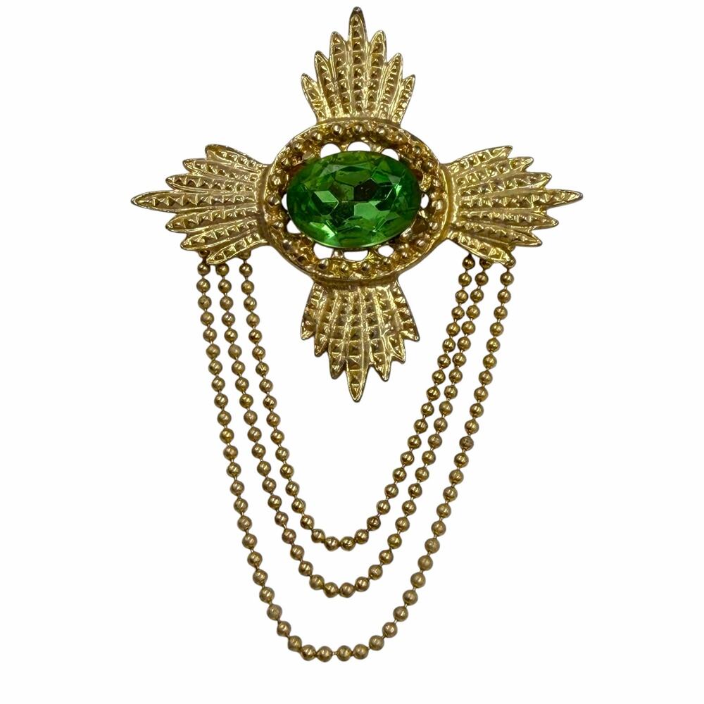 VTG 80s Gold Maltese Cross Brooch Green Rhinestone Draped Ball Chain Pin Medal